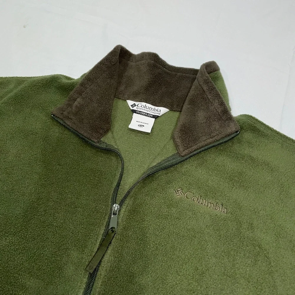 Columbia Mens XXL Green Fleece‎ Full Zip Vest WM1480 Olive Brown Trim